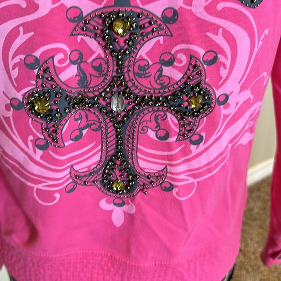 Women’s BCBG pink jacket with hoodie, cross/embellishments, size L - Picture 3 of 14